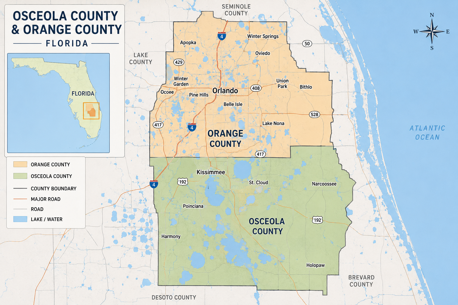 Map of Orange County and Osceola County, Florida — Sirena 21's service area